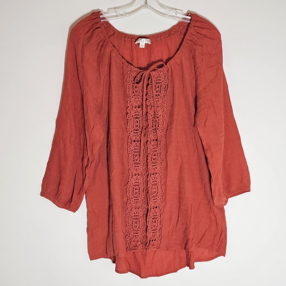 Spense‎ Top Womens XL Orange Shirt Hi Low Lace Trim Tie Front 3/4 Sleeve Scoop